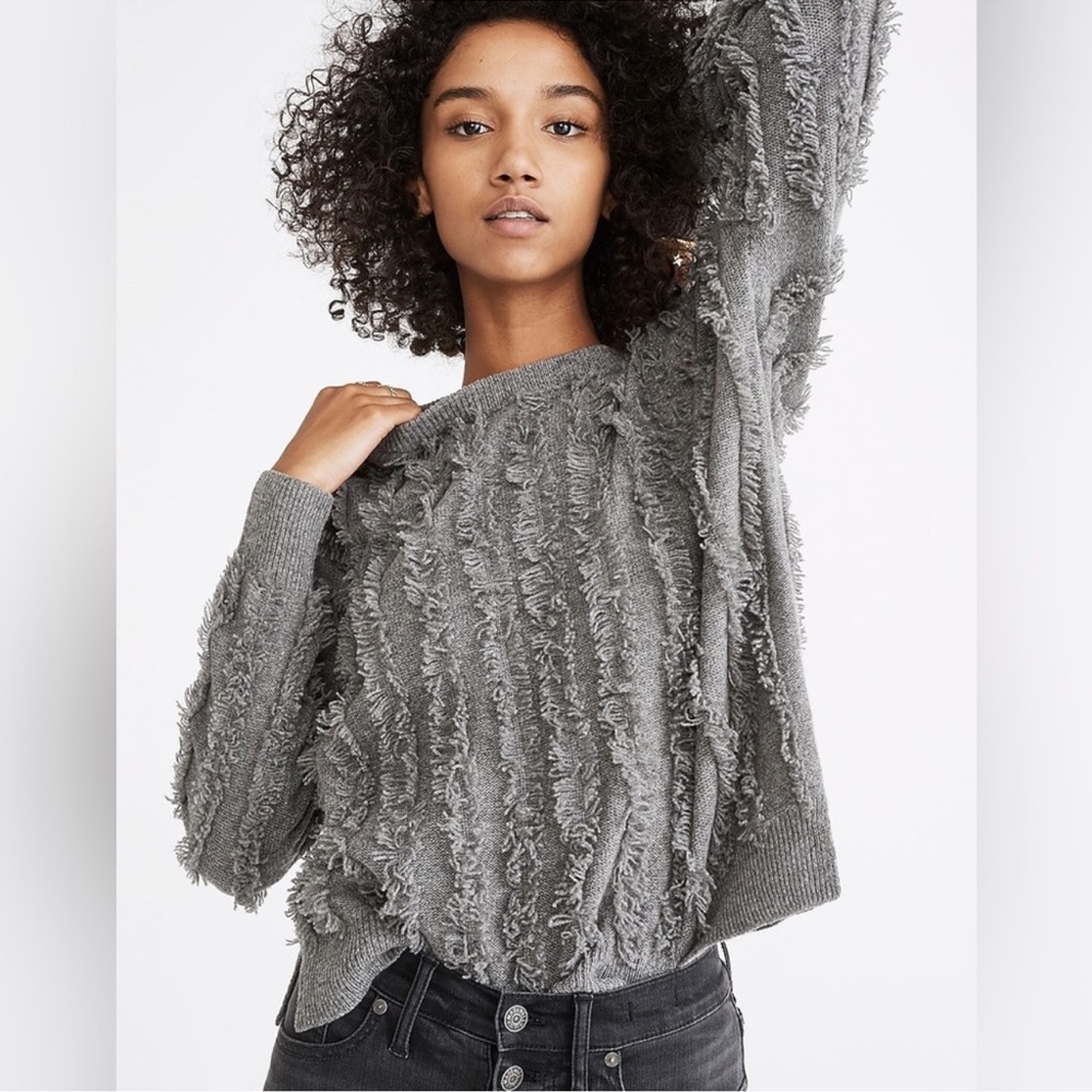 Madewell Women's Fringe Oversized Gray Wool Pullover Sweater Top size small